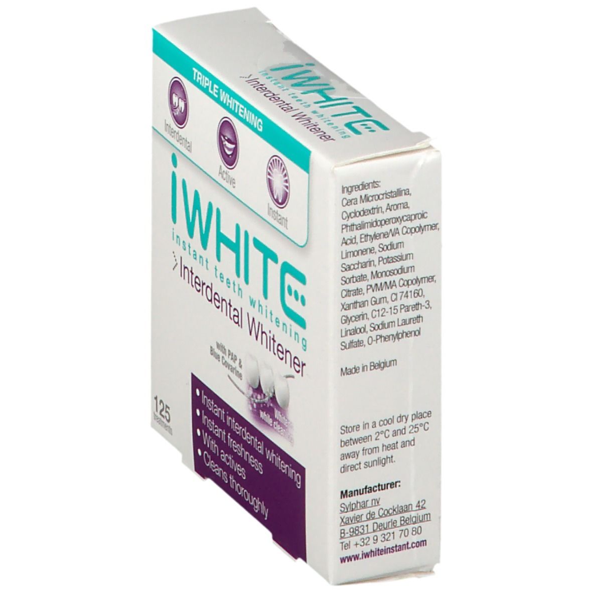 Boîte avec logo "iWHITE" et informations produit. Contient ingrédients et conseils de stockage. Fabriqué en Belgique.