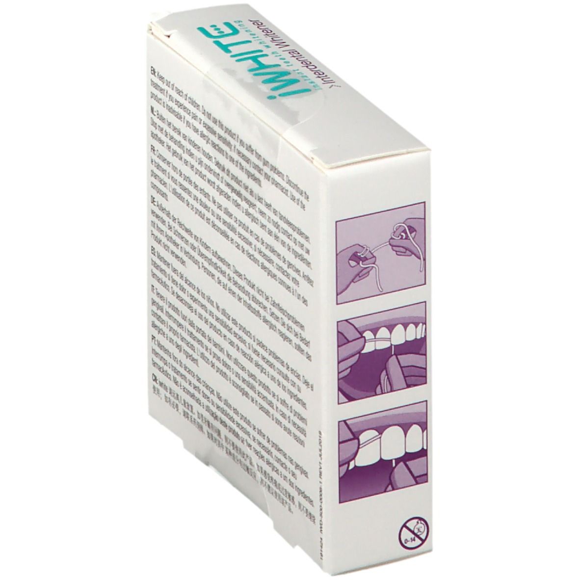 Boîte avec logo "iWHITE". Illustrations montrent l'utilisation. Contient des instructions d'utilisation du produit.