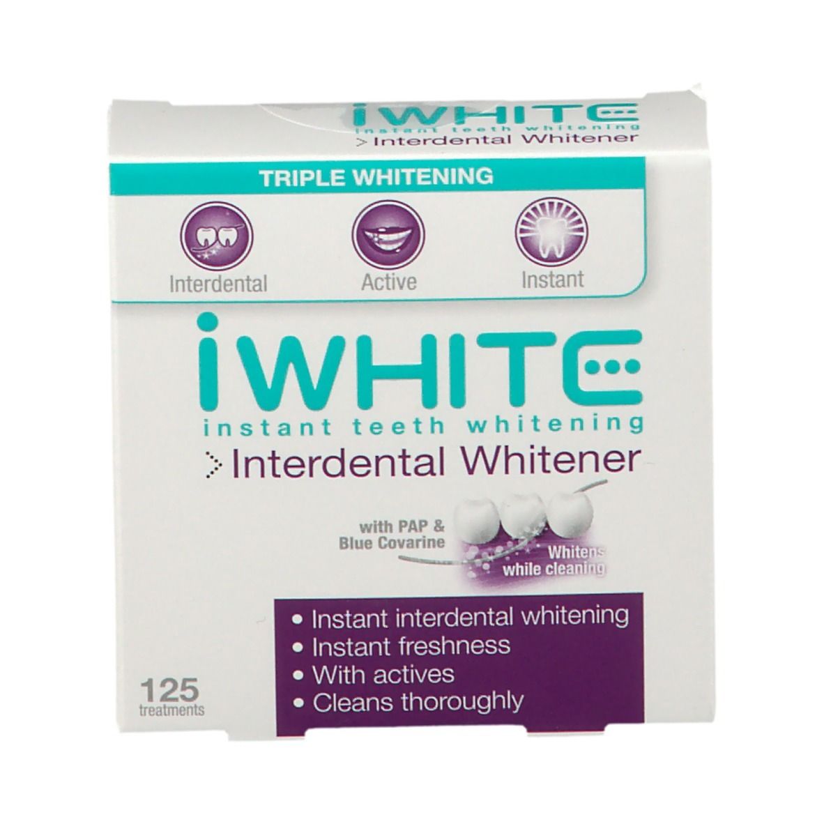Boîte blanche avec logo "iWHITE" et informations produit. Contient 125 traitements. Inscriptions: Interdental, Active, Instant.