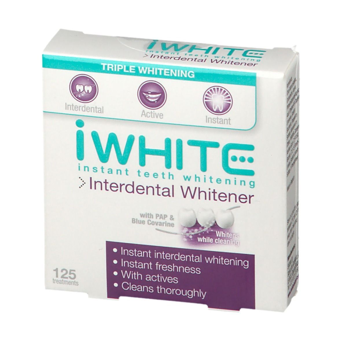 Boîte blanche avec logo "iWHITE" et informations produit. Contient 125 traitements. Inscriptions: Interdental, Active, Instant.