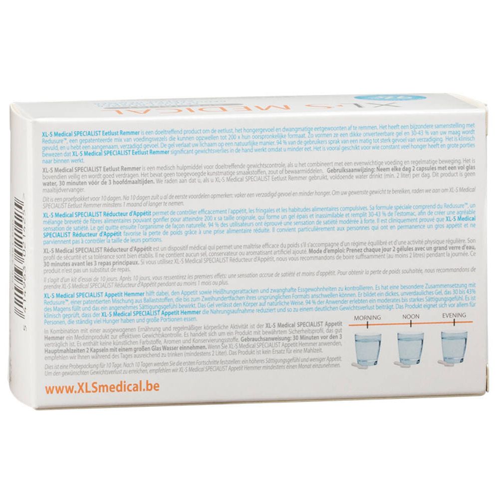 Achterkant van de XL-S MEDICAL verpakking. Meertalige tekst. Instructies en productinformatie.