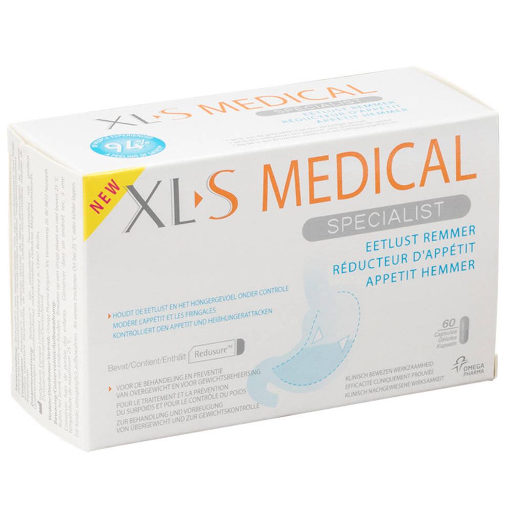 Witte doos XL-S MEDICAL. Bevat 60 capsules. Opschrift: Eetlustremmer. Logo 'NEW'.