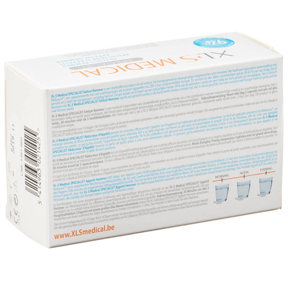 Achterkant van de XL-S MEDICAL verpakking. Meertalige tekst. Instructies en productinformatie.
