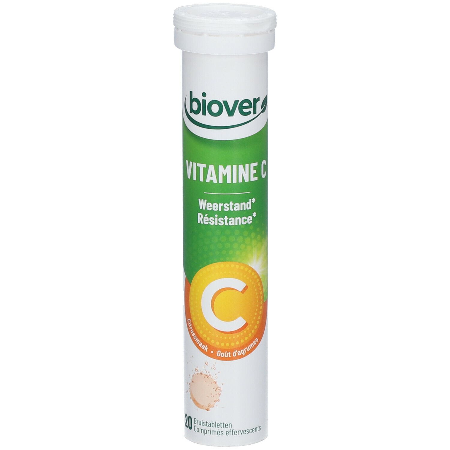 Weißes Rohr mit grüner und gelber Beschriftung. Enthält Vitamin C Brausetabletten. Marke: biover.