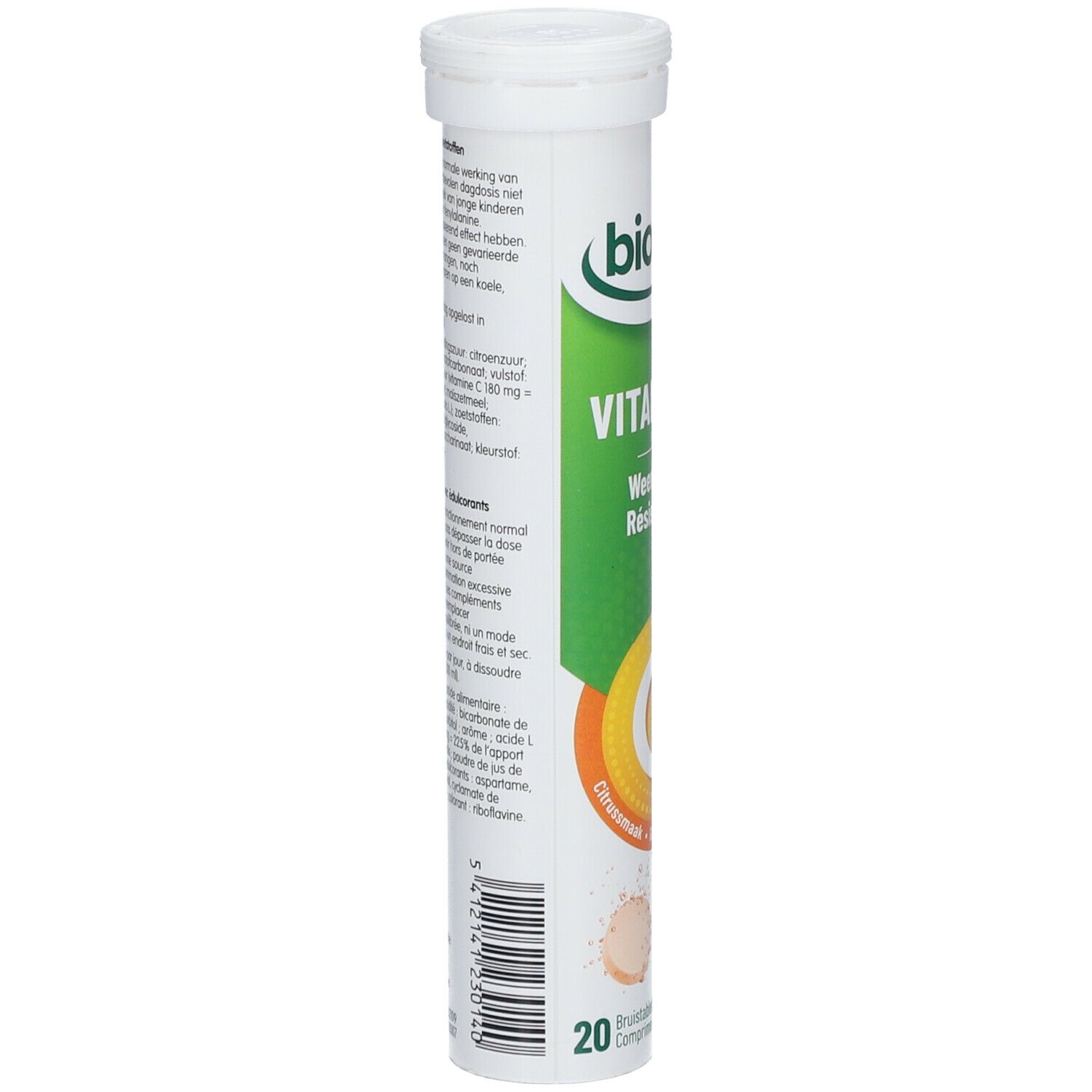Weißes Rohr mit Text. Enthält Informationen zu Vitamin C Brausetabletten. Marke: biover. Mit 20 Tabletten.