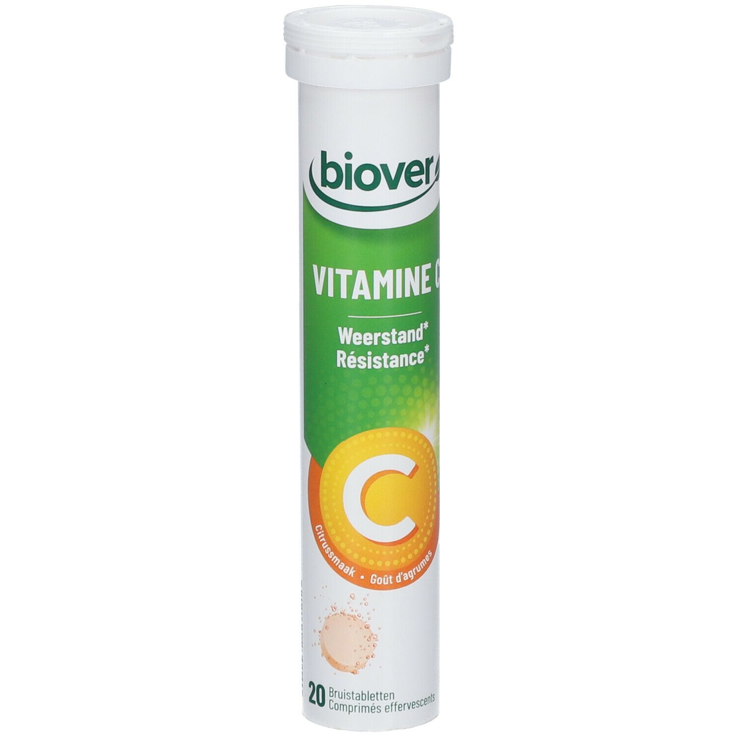 Weißes Rohr mit grüner und gelber Beschriftung. Enthält Vitamin C Brausetabletten. Marke: biover.