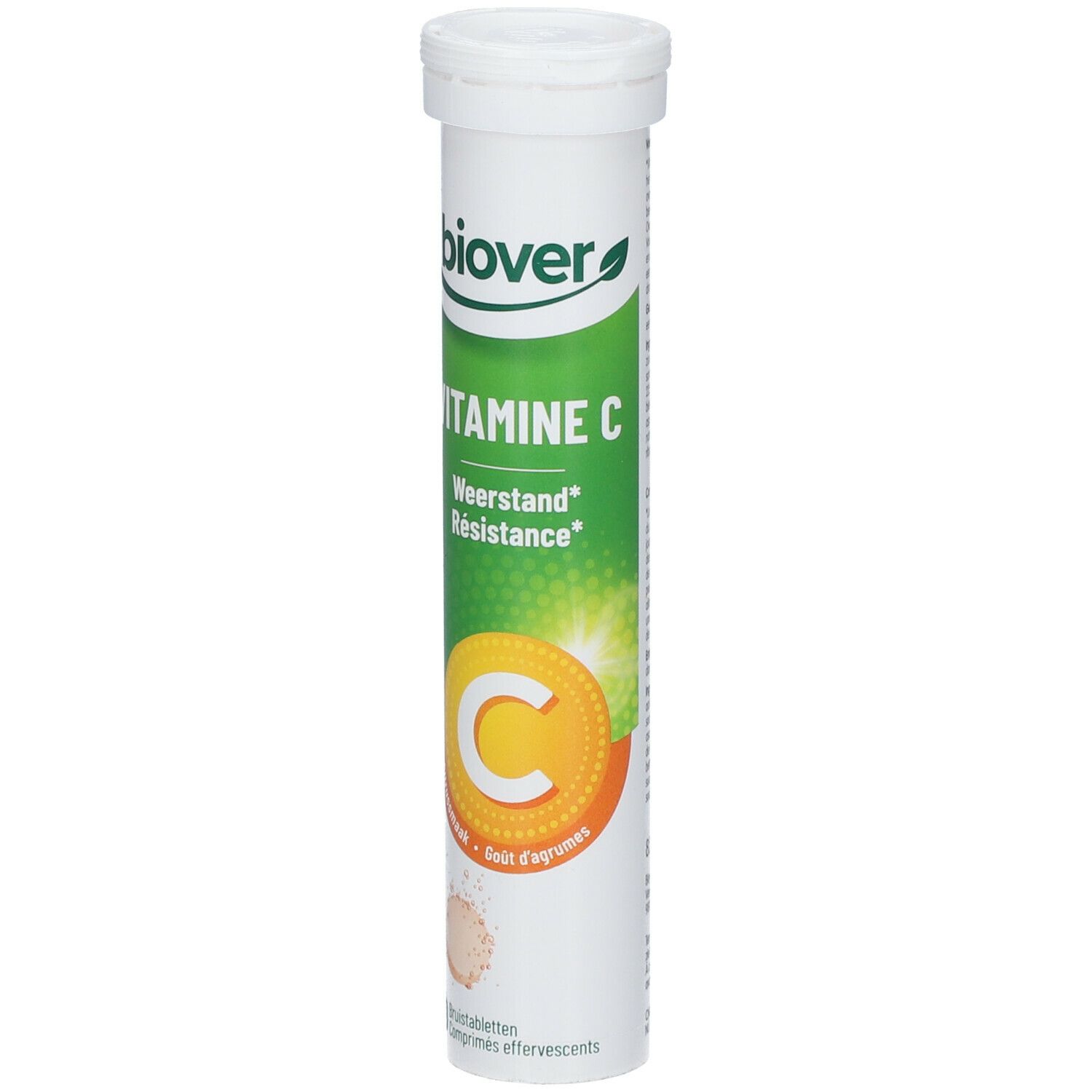 Weißes Rohr mit grüner und gelber Beschriftung. Enthält Vitamin C Brausetabletten. Marke: biover.