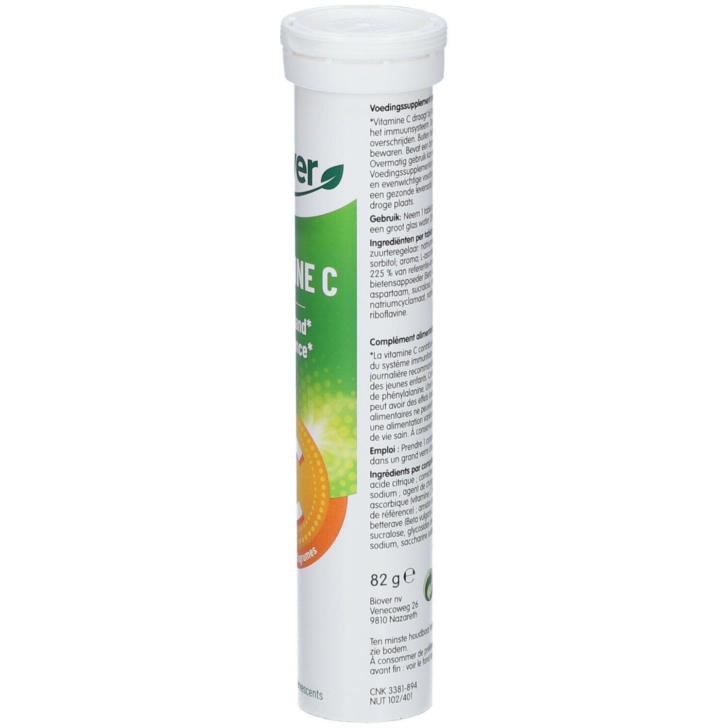 Weißes Rohr mit Text. Enthält Informationen zu Vitamin C Brausetabletten. Marke: biover. Mit 20 Tabletten.