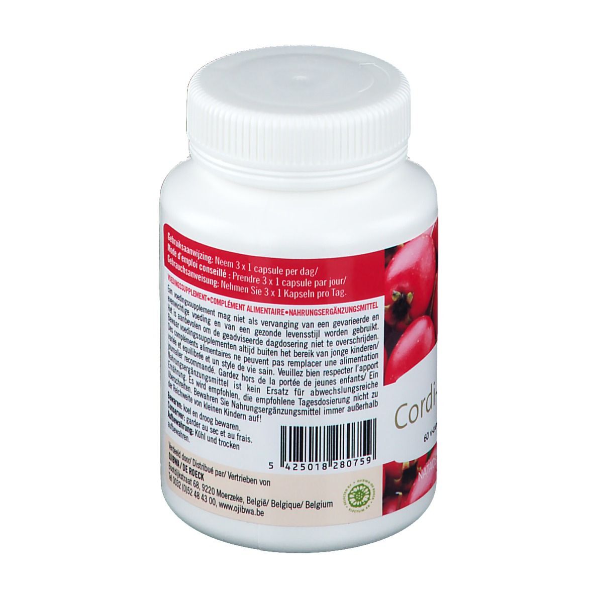 Dos d'un flacon blanc. Étiquette rouge avec recommandation de dosage. Texte multilingue.