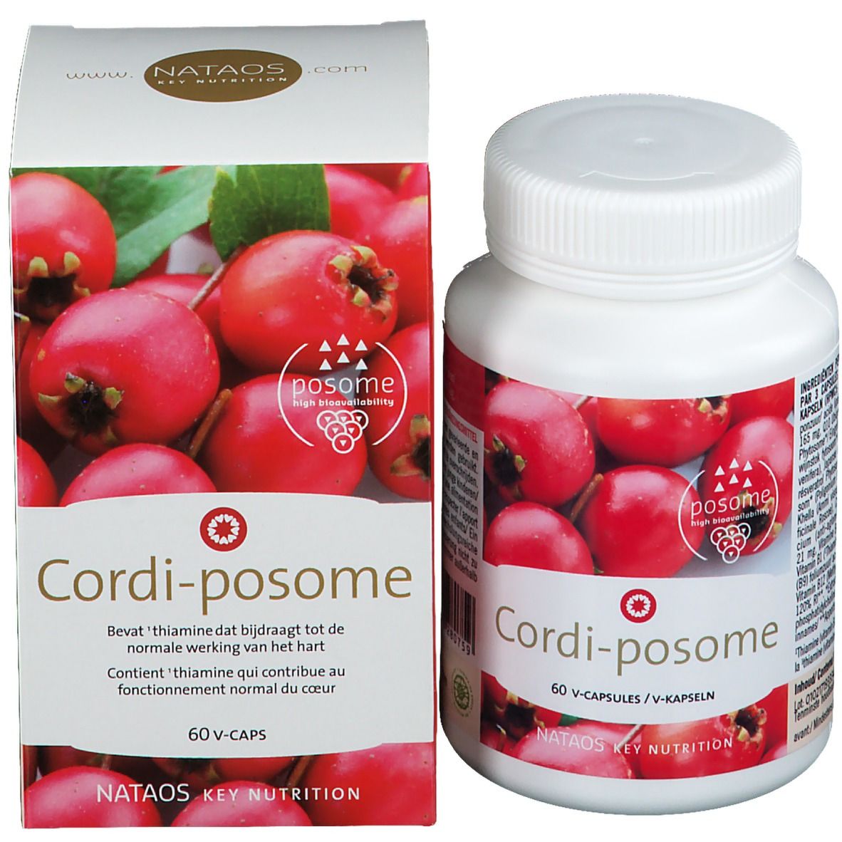 Emballage du produit avec flacon. Inscription : Cordi-posome, 60 gélules. Illustration de fruits rouges. Boîte et flacon.