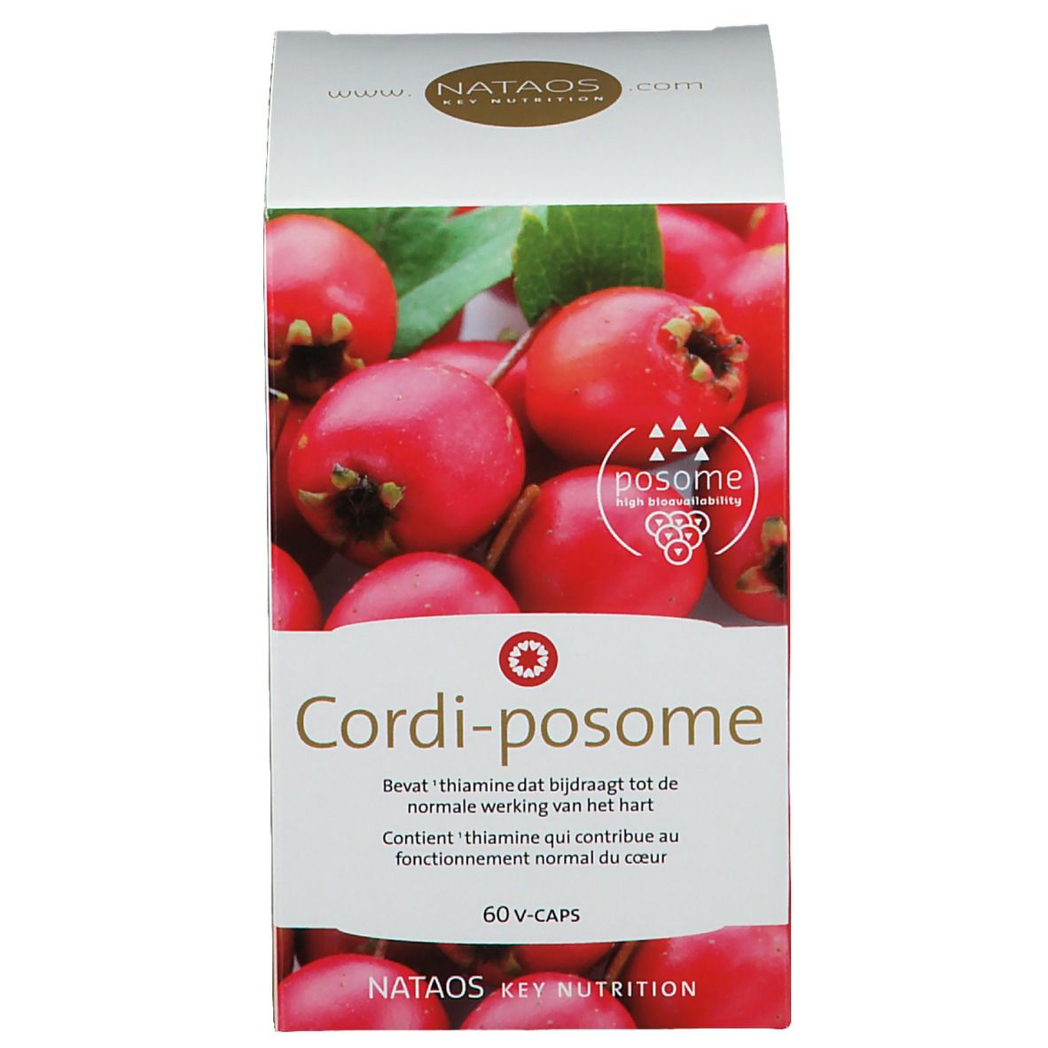 Emballage du produit. Inscription : Cordi-posome, 60 gélules. Illustration de fruits rouges. Boîte.