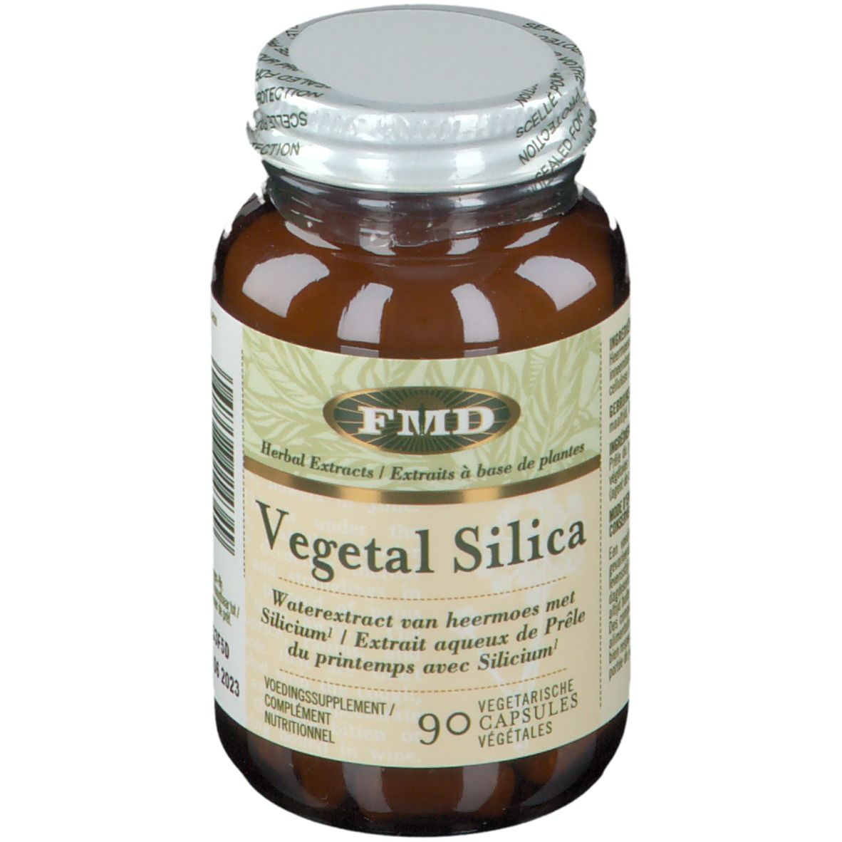 Braune Glasflasche mit silbernem Deckel. Aufschrift: Vegetal Silica, 90 vegetarische Kapseln. FMD-Logo.