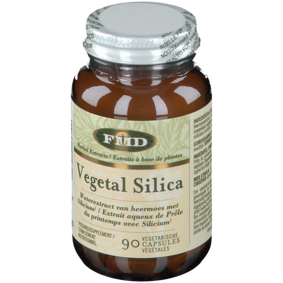 Braune Glasflasche mit silbernem Deckel. Aufschrift: Vegetal Silica, 90 vegetarische Kapseln. FMD-Logo.