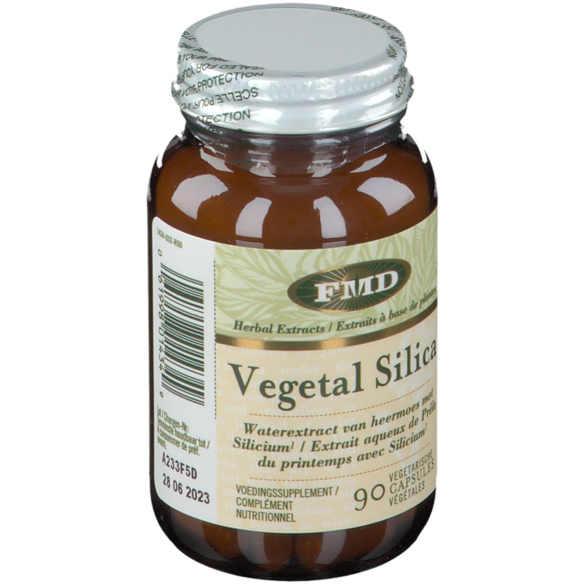Braune Glasflasche mit silbernem Deckel. Aufschrift: Vegetal Silica, 90 vegetarische Kapseln. FMD-Logo.
