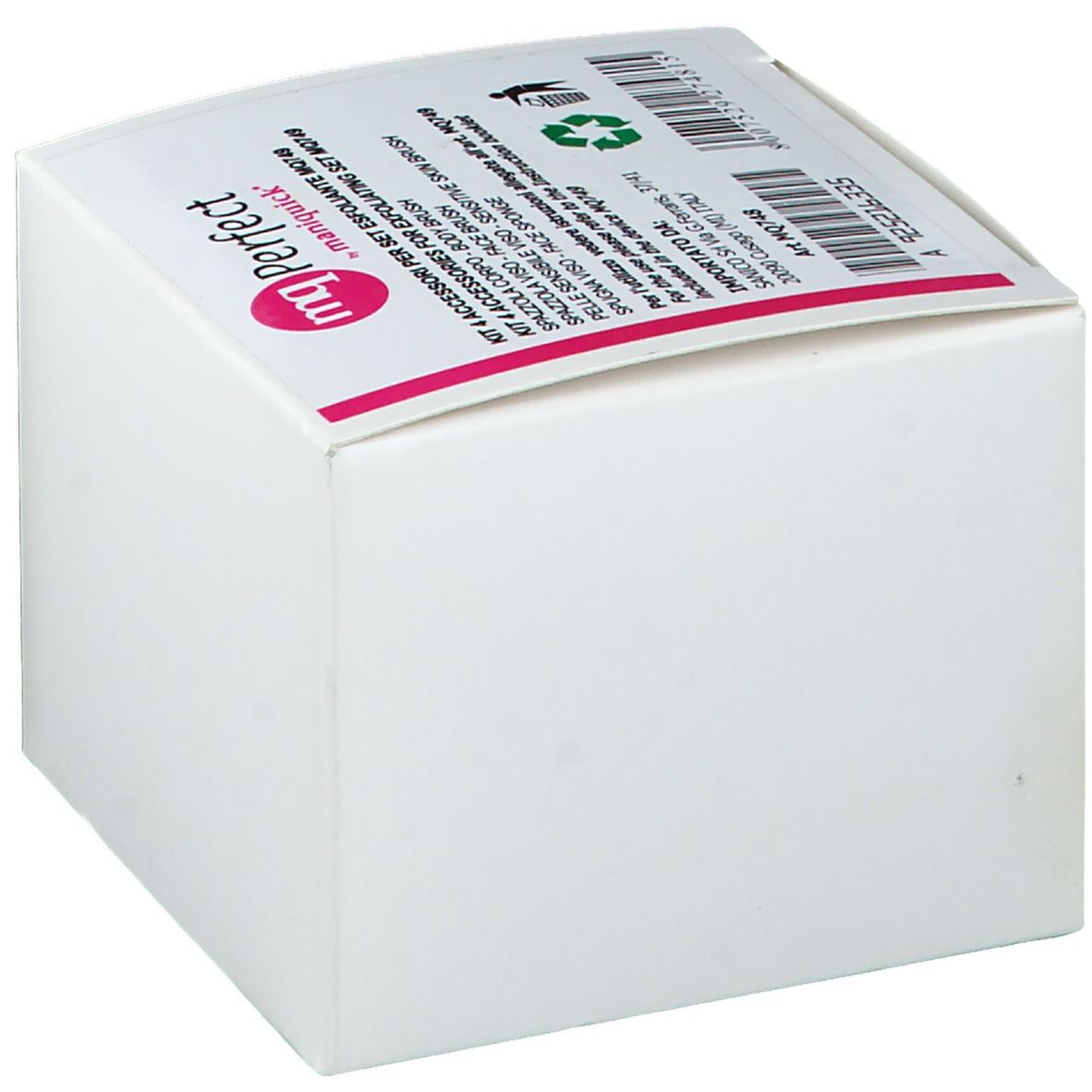 Boîte blanche avec accents roses. Inscriptions : mq Perfect, maniquick, nom du produit, code-barres, symbole de recyclage.