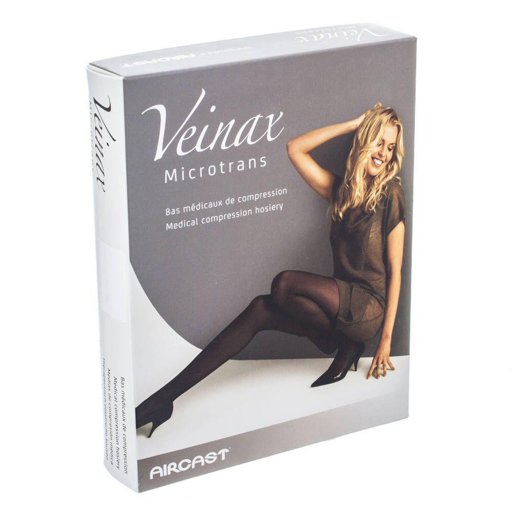 Verpakking van Veinax Microtrans compressiekousen. Opschrift: Bas médicaux de compression, Medical compression hosiery. Aircast logo.