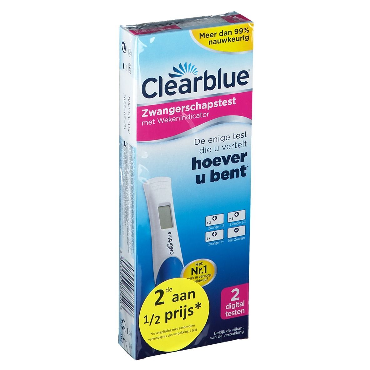 Verpackung von Clearblue Schwangerschaftstest mit Wochenbestimmung. Enthält zwei digitale Tests. Text: "2 aan 1/2 prijs".