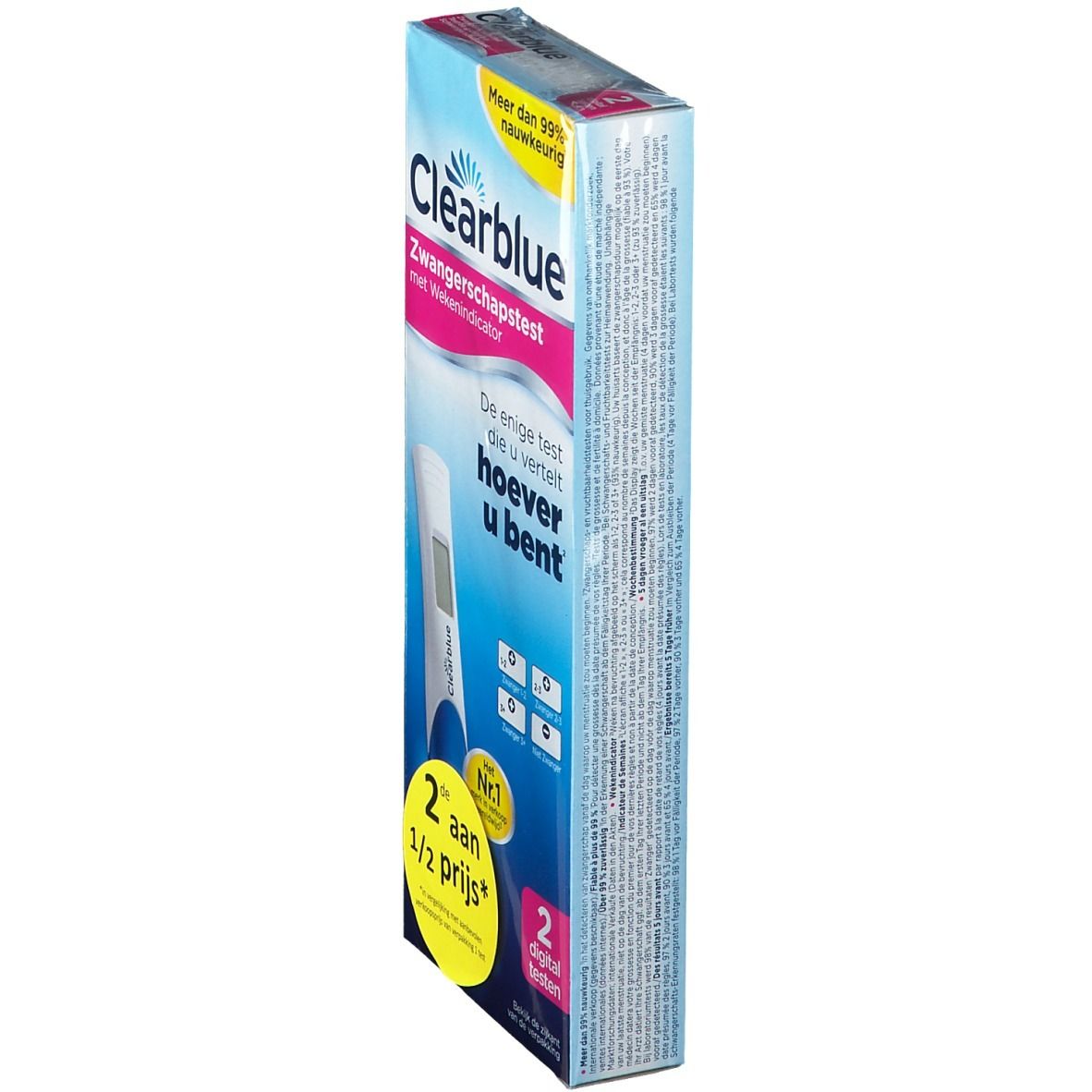 Seitenansicht der Verpackung von Clearblue Schwangerschaftstest mit Wochenbestimmung. Text: "2 aan 1/2 prijs". Enthält zwei Tests.