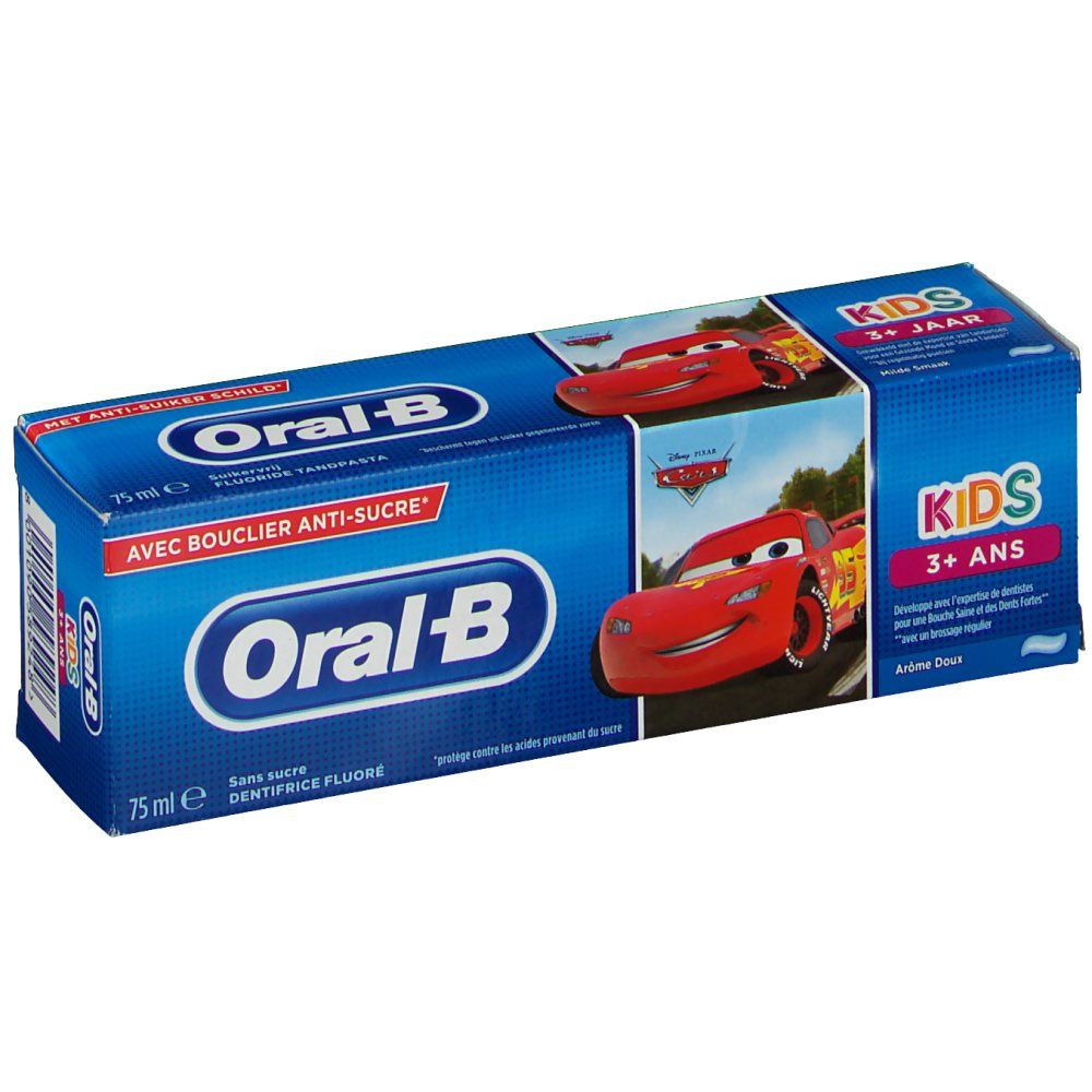 Tandpasta verpakking. Blauwe doos met Oral-B logo en "KIDS 3+ ANS". Afbeelding van Bliksem McQueen.