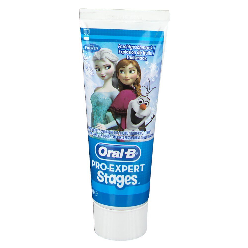 Tandpastatube. Wit-blauwe tube met Frozen-figuren en Oral-B Pro-Expert Stages logo.