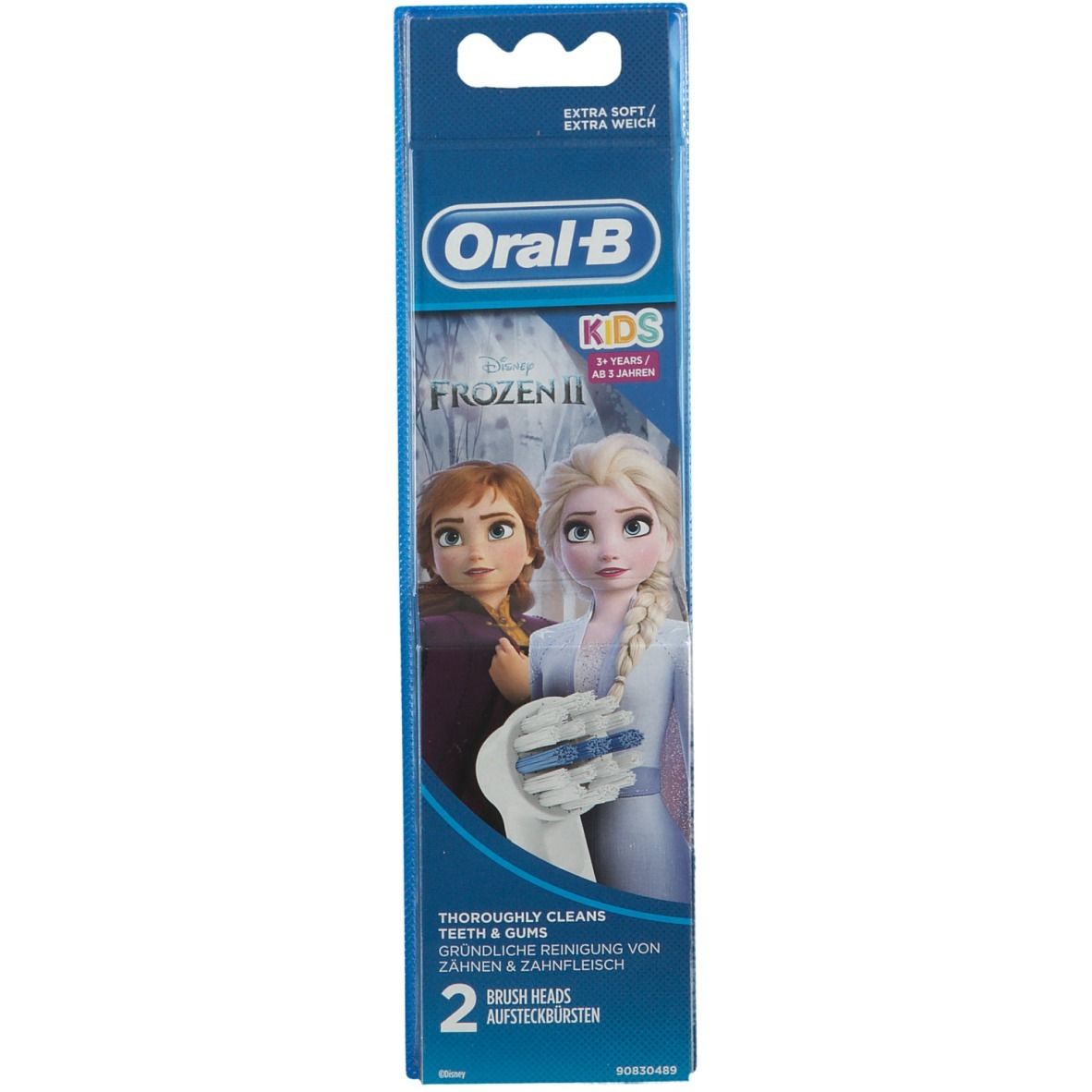 Zahnbürstenaufsätze für Kinder. Verpackung mit zwei Aufsätzen, Oral-B Logo, Frozen-Motiv. Extra weich.
