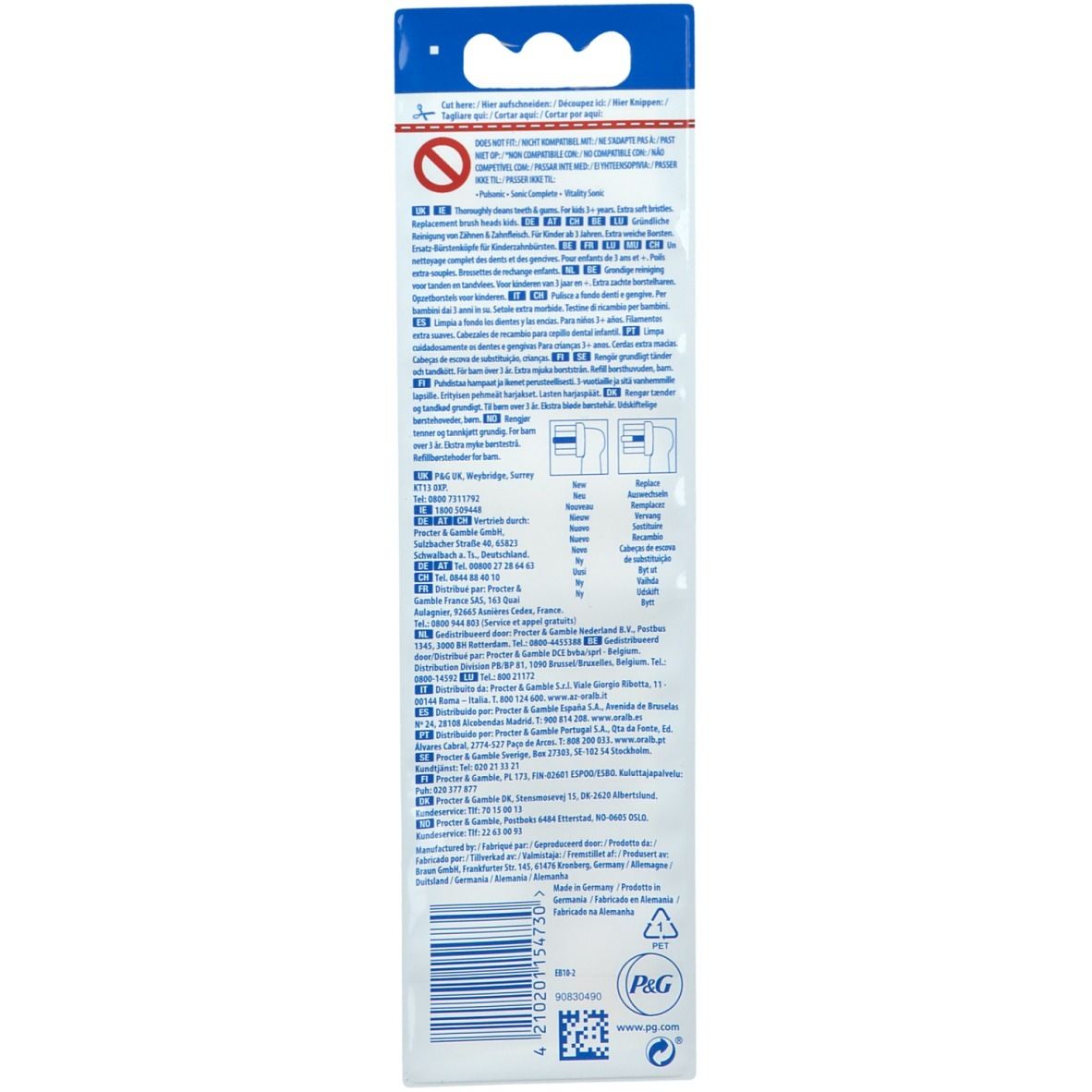 Rückseite der Zahnbürstenaufsatz-Verpackung. Text in mehreren Sprachen, Herstellerinformationen, Recycling-Symbole.