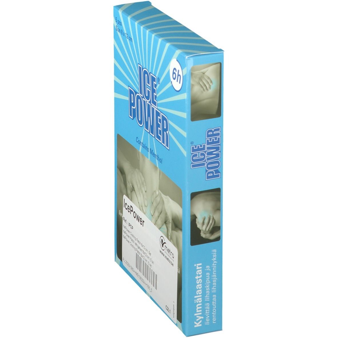 Blaue Verpackung mit ICE POWER-Logo. Enthält 5 Kühlpflaster. Seitenansicht mit Produktabbildung und Text.
