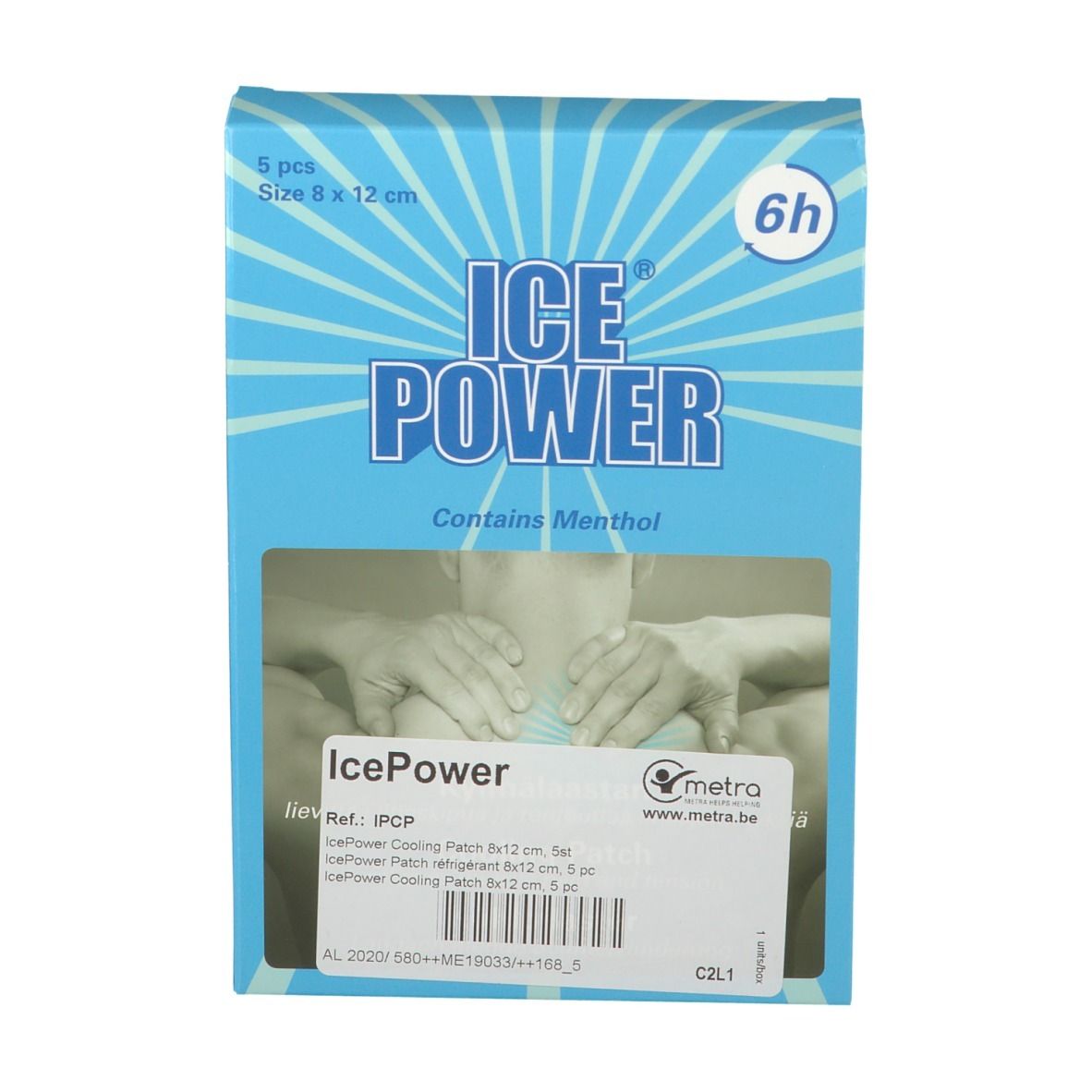 Blau-weiße Verpackung mit ICE POWER-Logo. Enthält 5 Pflaster, Größe 8x12 cm. Kühlpflaster. Enthält Menthol.