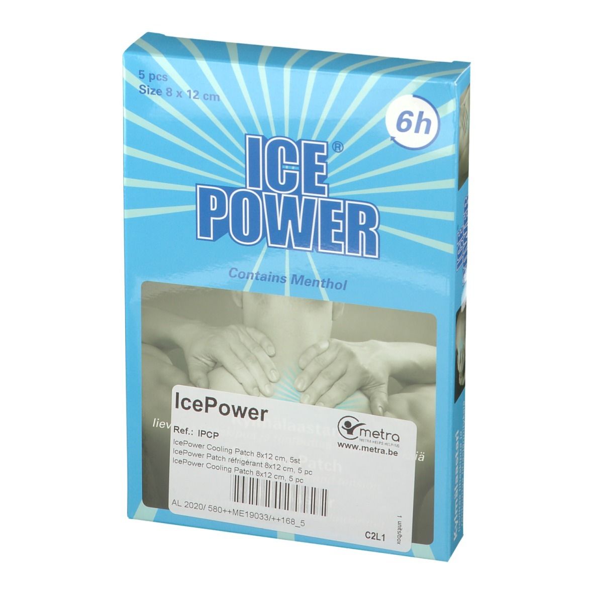 Blau-weiße Verpackung mit ICE POWER-Logo. Enthält 5 Pflaster, Größe 8x12 cm. Kühlpflaster. Enthält Menthol.