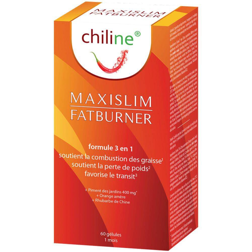 Chiline Maxi-Slim Fatburner-Verpackung. Orange-roter Karton mit Produktnamen und Logo. Enthält 60 Kapseln.