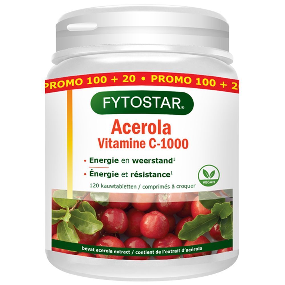 Fytostar Acerola Vitamine C-1000. Flacon blanc, couvercle rouge. Inscription et illustration de cerises acérola.