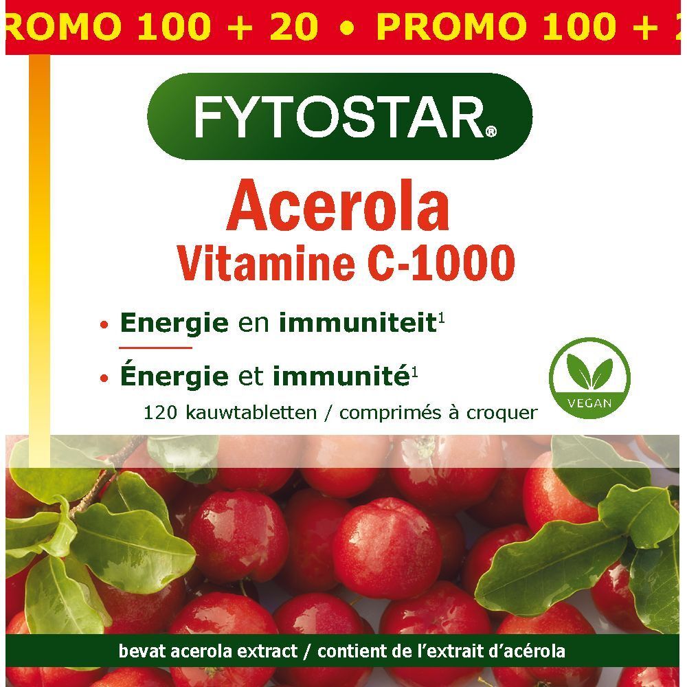 Fytostar Acerola Vitamine C-1000. Flacon blanc, couvercle rouge. Inscription et illustration de cerises acérola.