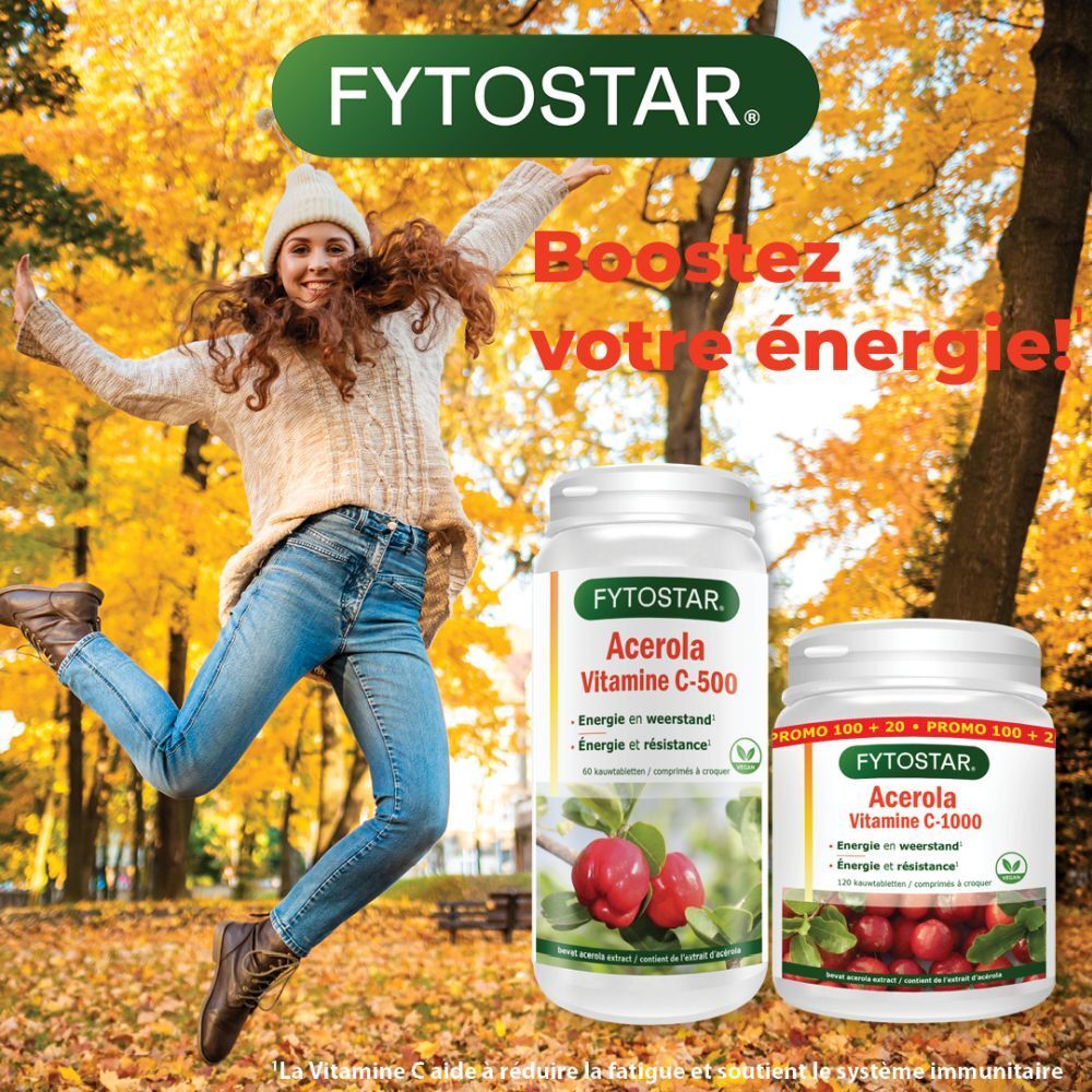 Image publicitaire. Femme devant des feuilles d'automne. Deux produits Fytostar : Acerola C-500 et C-1000.