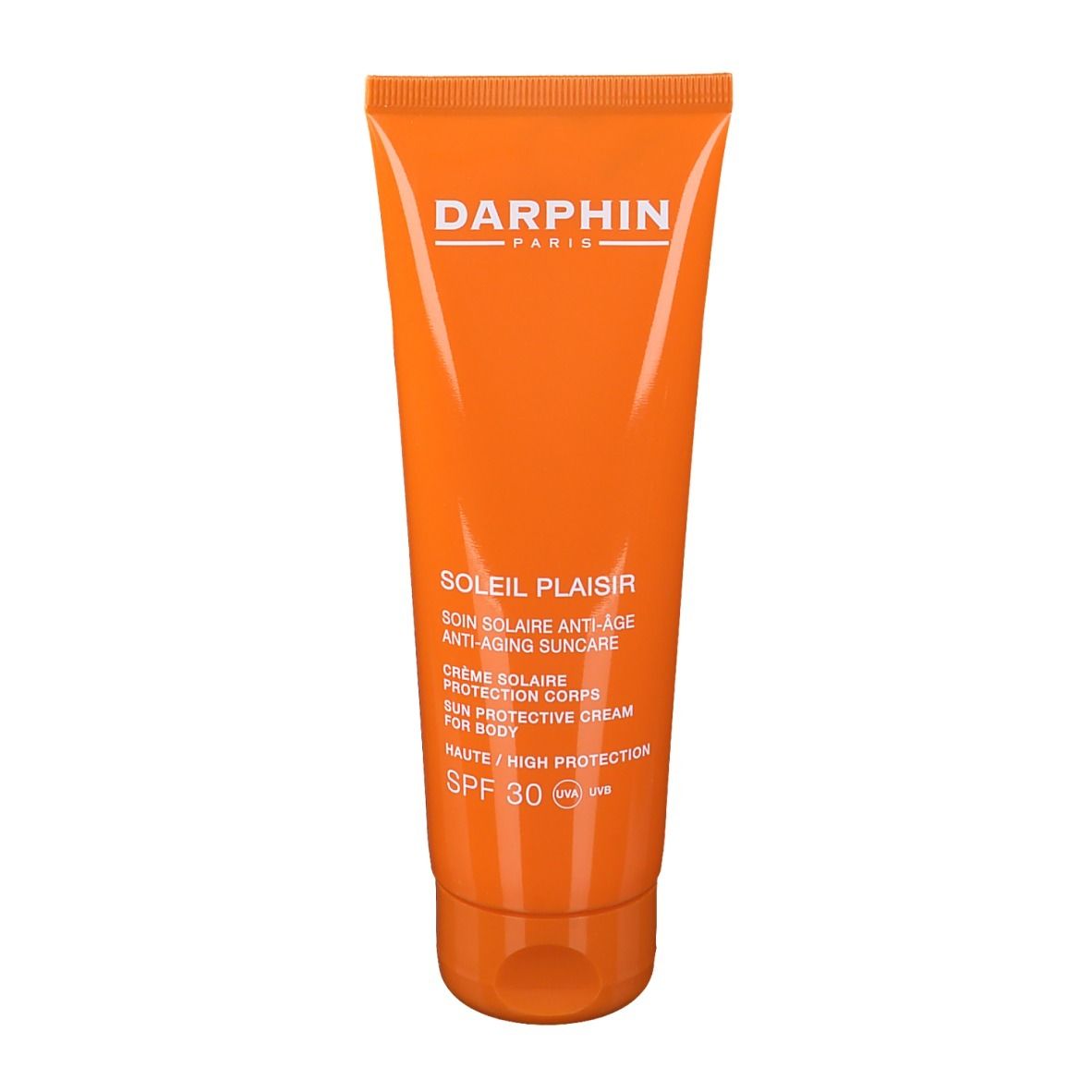Orange Tube mit DARPHIN-Logo und Text: SOLEIL PLAISIR, Anti-Aging Sonnenschutz, SPF 30. Creme für den Körper.