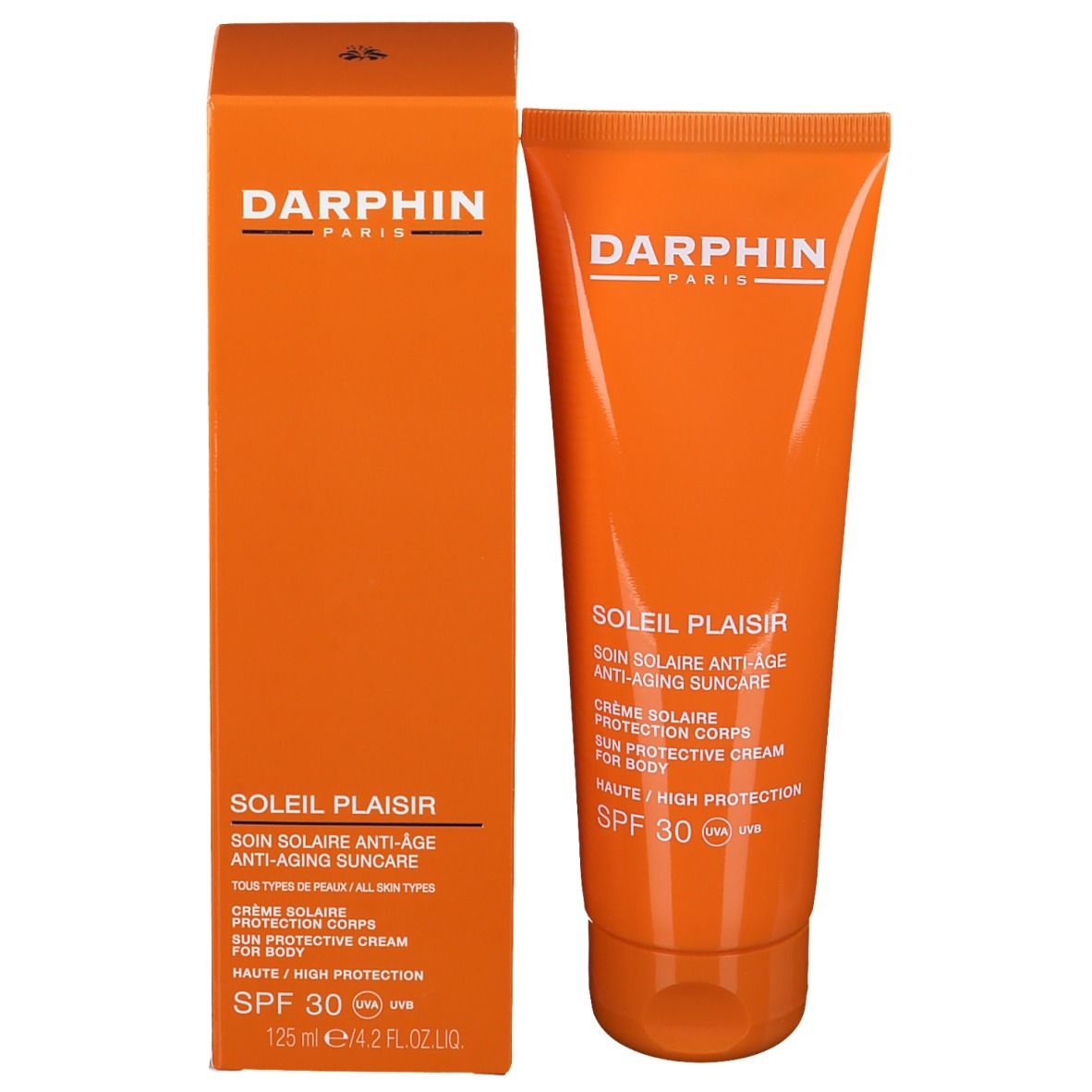 Orange Tube und Schachtel. DARPHIN-Logo, SOLEIL PLAISIR, Anti-Aging Sonnenschutz, SPF 30. Creme für den Körper. 125 ml.