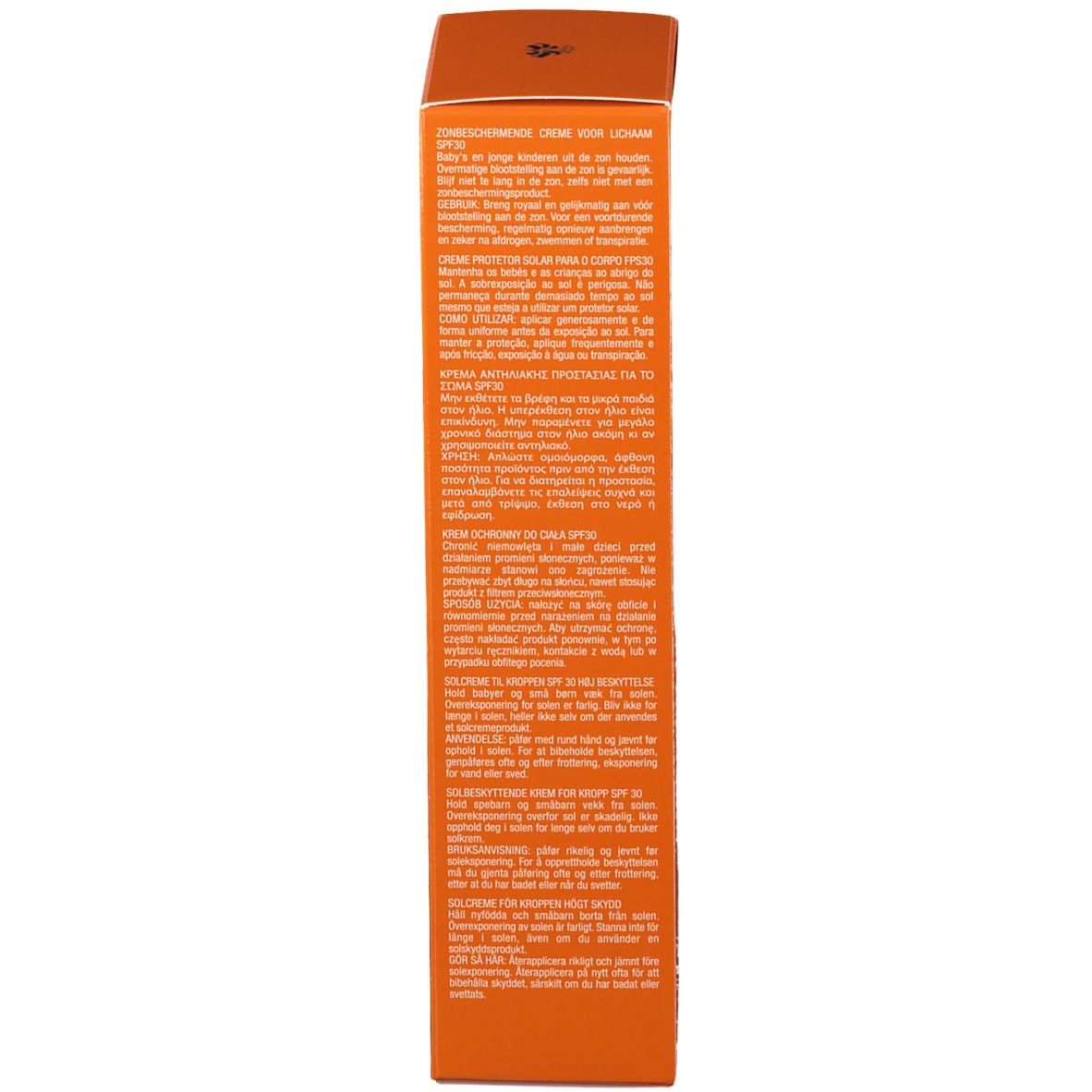 Rückseite der orangefarbenen Schachtel. Text in mehreren Sprachen, darunter Informationen zur Anwendung und Inhaltsstoffe.