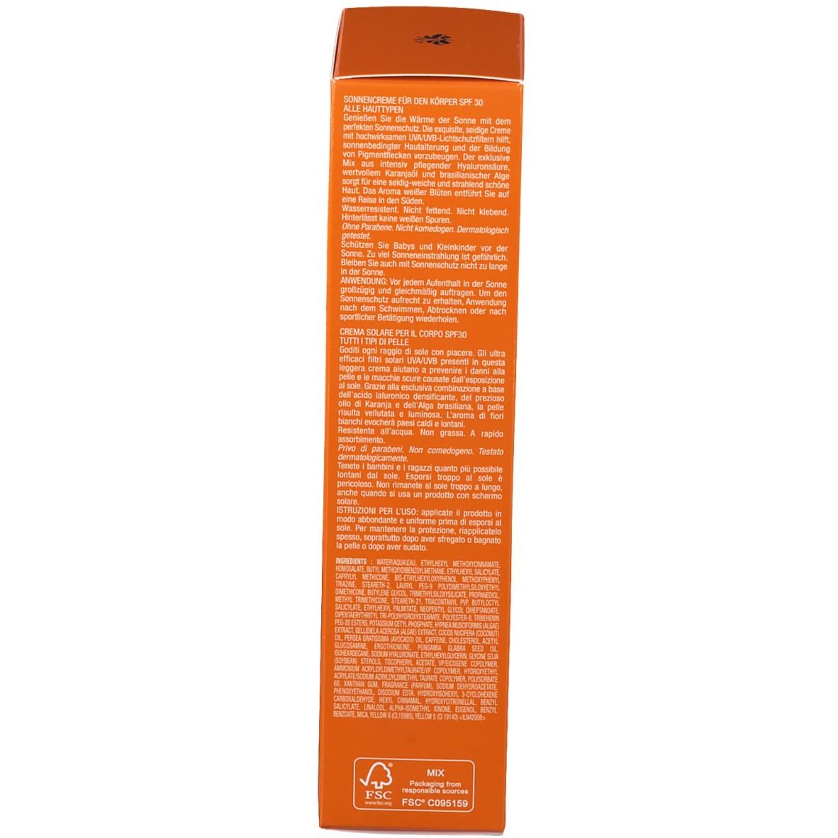 Seite der orangefarbenen Schachtel. Text in mehreren Sprachen, darunter Informationen zur Anwendung und Inhaltsstoffe.