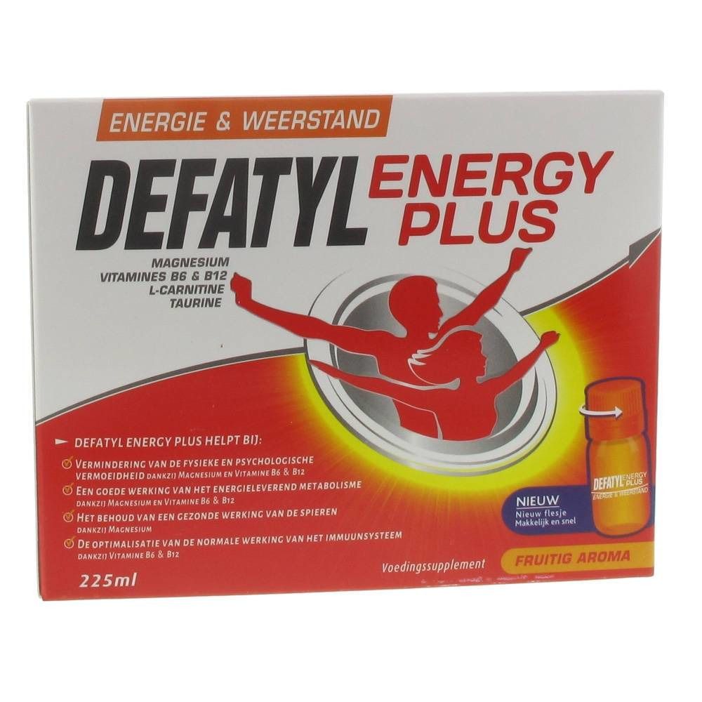 Verpakking van DEFATYL Energy Plus. Bevat magnesium, vitamines B6 & B12, L-carnitine, taurine. Fruitsmaak. 225ml.