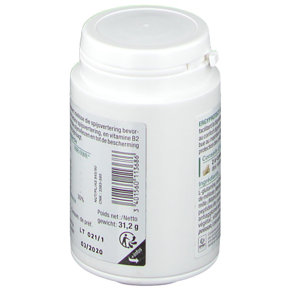 Flacone bianco con coperchio. Scritta: Ergyprotect Confort. Scadenza 03/2020. Peso netto: 31,2 g.