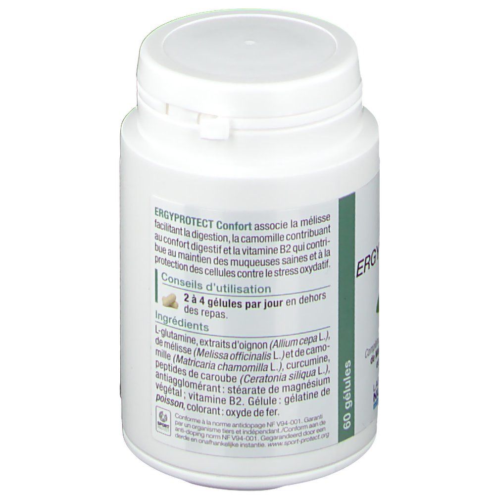Retro del flacone bianco. Elenco ingredienti e consigli per l'uso. 60 capsule. NUTERGIA Laboratoire.