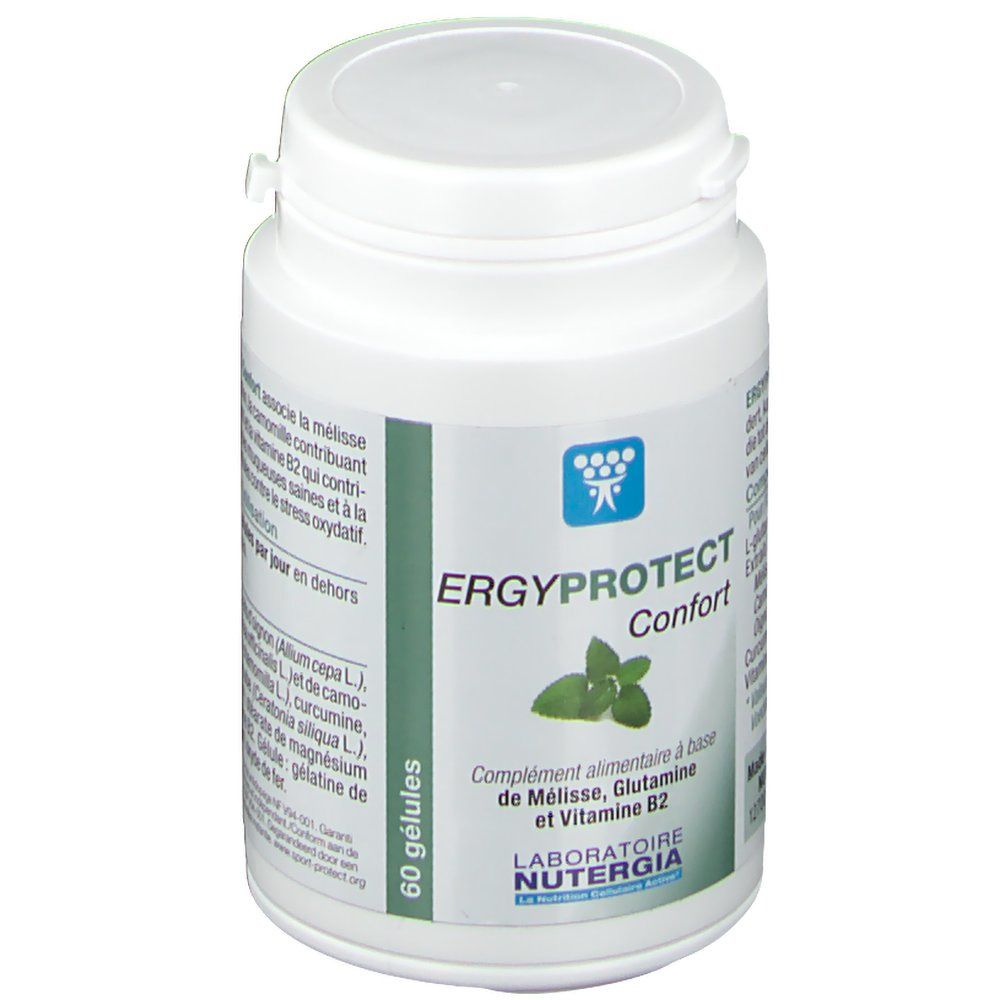 Flacone bianco di capsule. Scritta: Ergyprotect Confort. 60 capsule. NUTERGIA Laboratoire. Illustrazione di foglie.