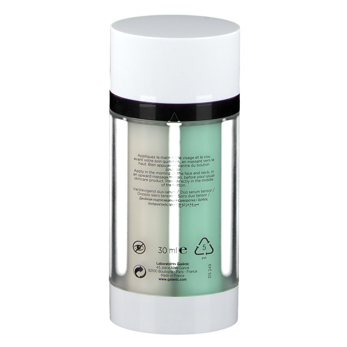 Sérum Duo GALENIC. Flacon cylindrique. Blanc, transparent, vert et blanc. Inscription: SCULPTEUR DE PERFECTION, Duo Sérum Tenseur.