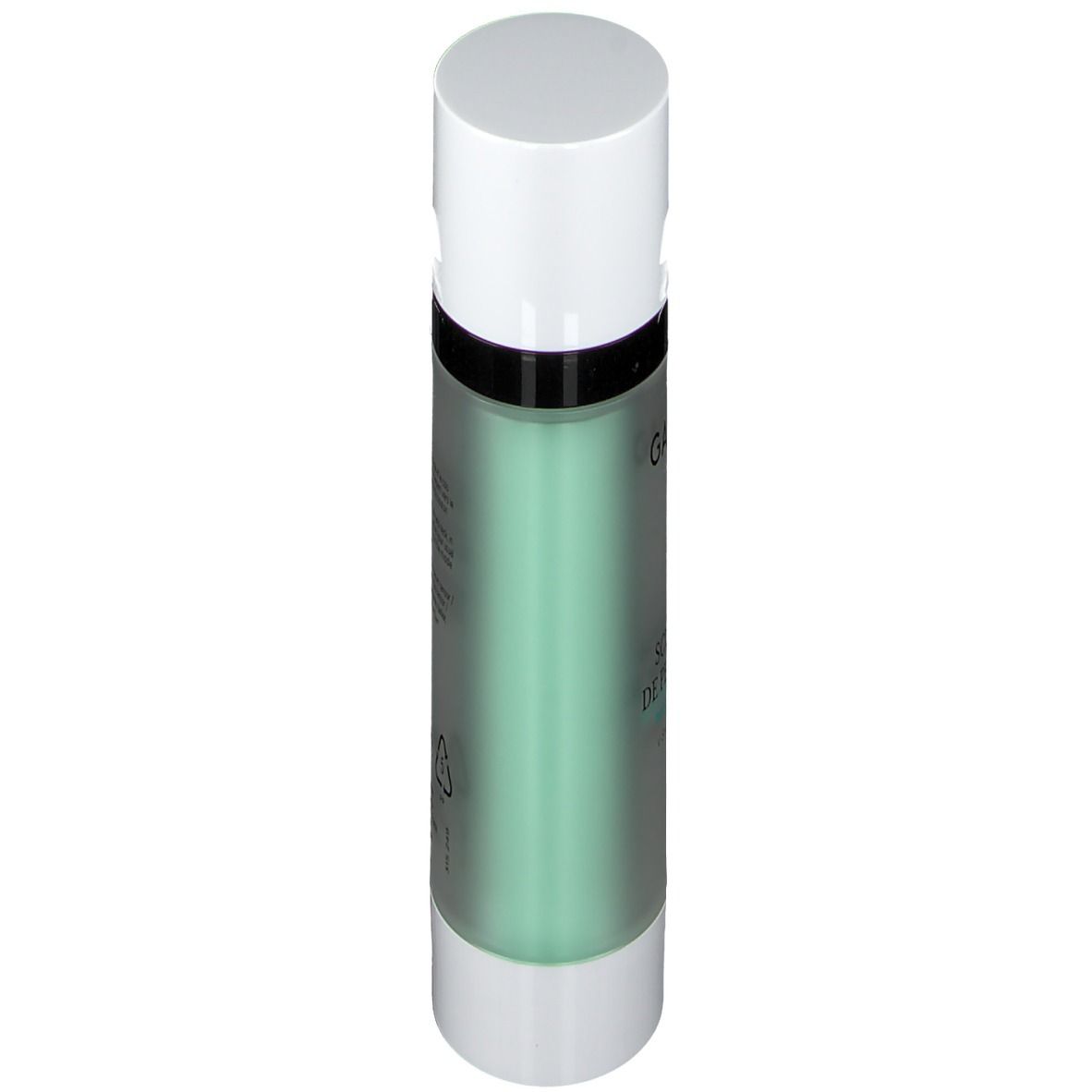Sérum Duo GALENIC. Flacon cylindrique. Blanc, transparent, vert. Inscription: GALENIC, Duo Sérum Tenseur. Indications d'emballage.