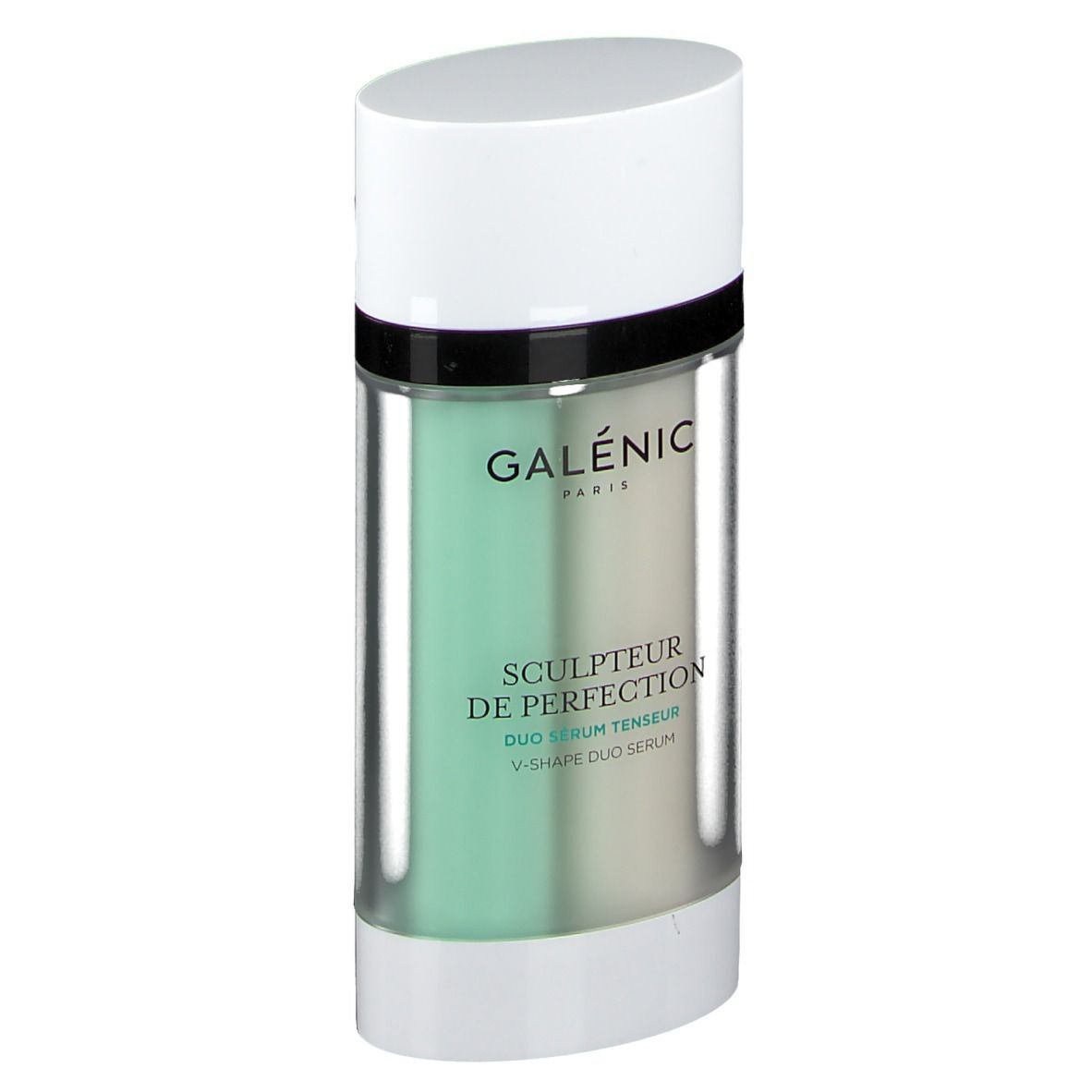 Sérum Duo GALENIC. Flacon cylindrique. Blanc, transparent, vert et blanc. Inscription: GALENIC, SCULPTEUR DE PERFECTION, Duo Sérum Tenseur.