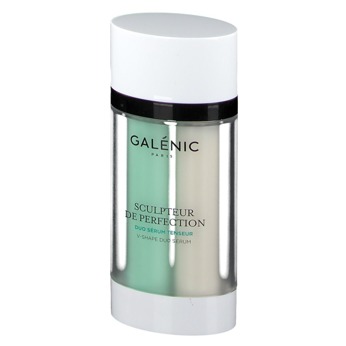 Sérum Duo GALENIC. Flacon cylindrique. Blanc, transparent, vert et blanc. Inscription: GALENIC, SCULPTEUR DE PERFECTION, Duo Sérum Tenseur.