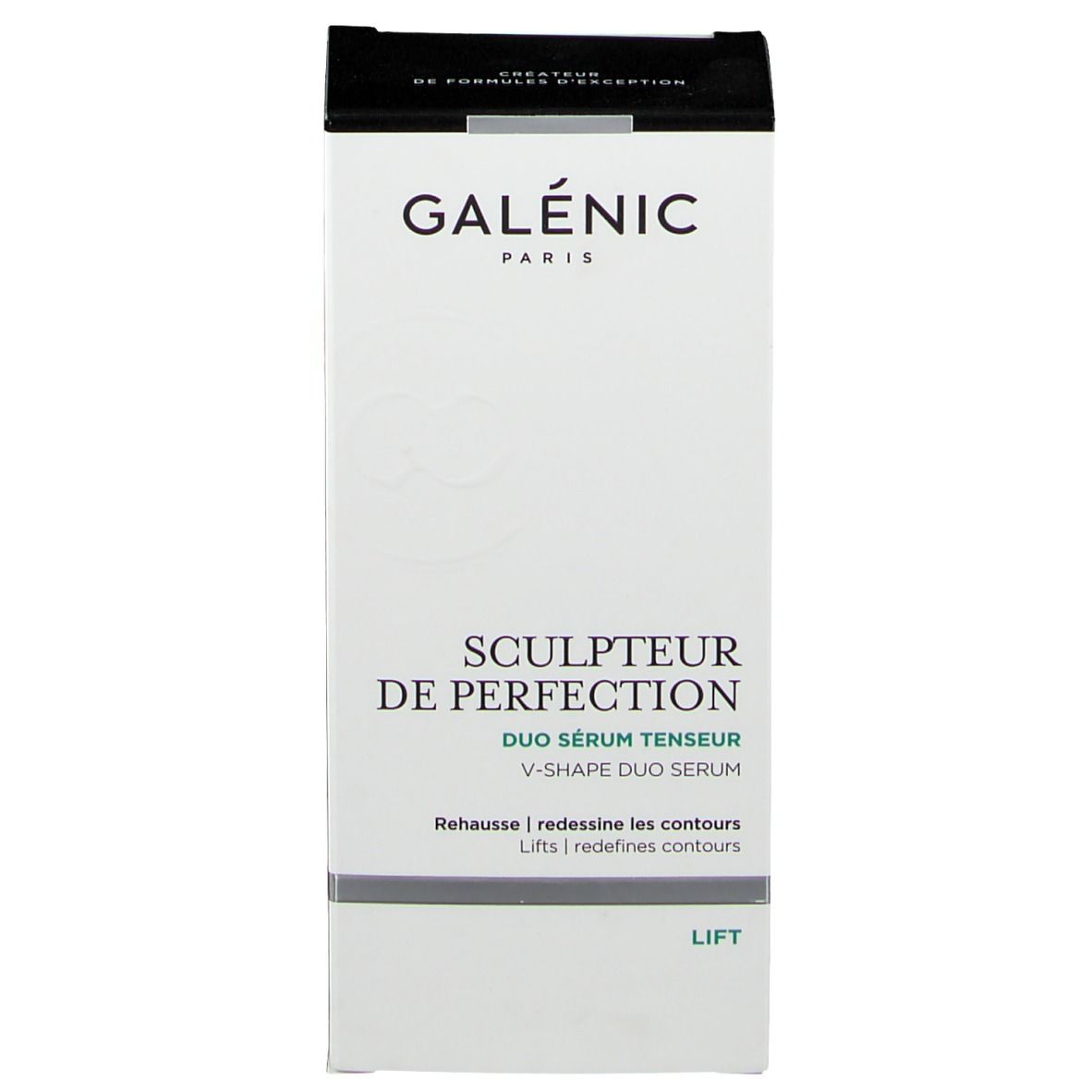Emballage GALENIC Duo Sérum. Blanc, noir et argent. Inscription: SCULPTEUR DE PERFECTION, Duo Sérum Tenseur. Texte et logo.