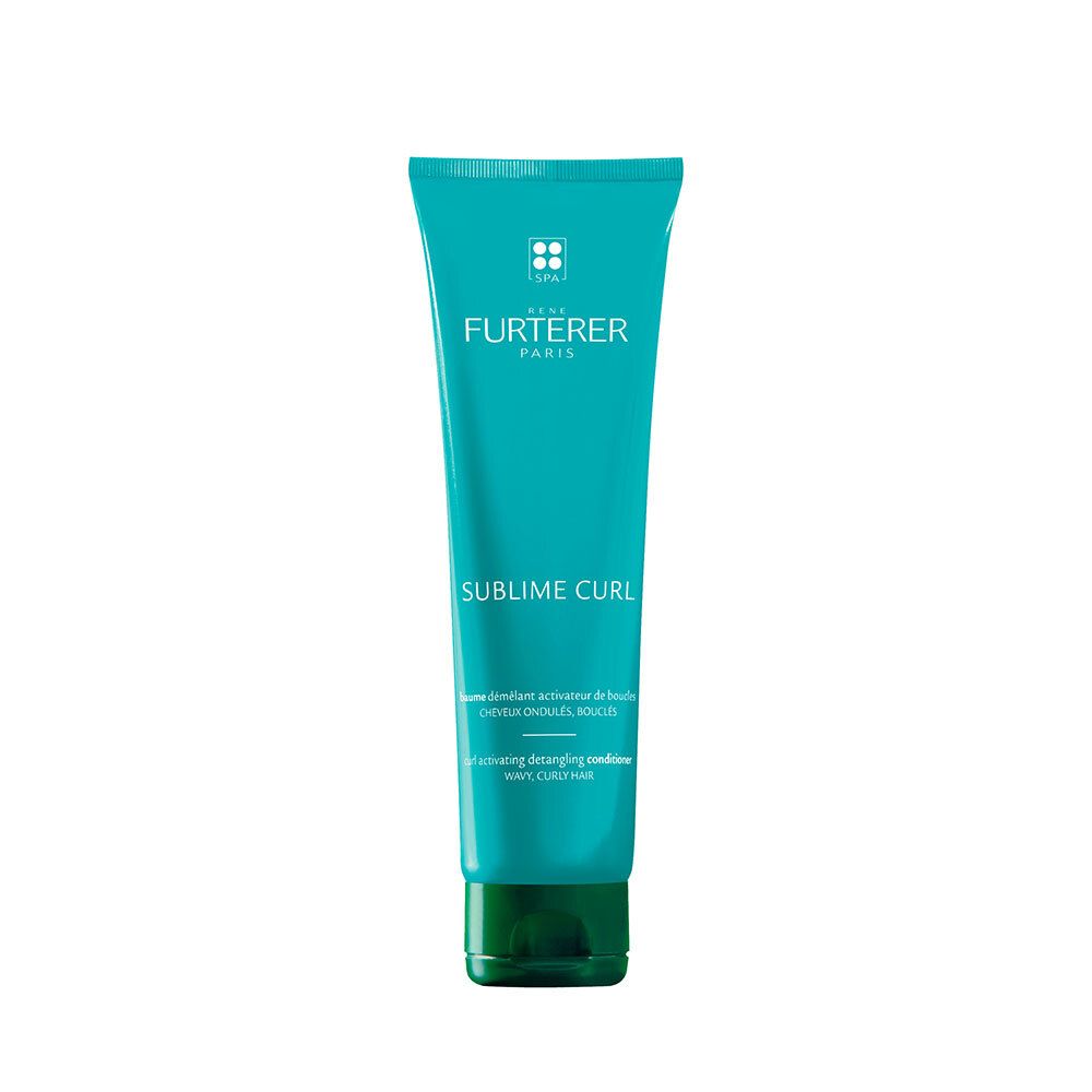 Turquoise tube met witte tekst. Merk: RENE FURTERER PARIS. Productnaam: SUBLIME CURL. Groene dop.