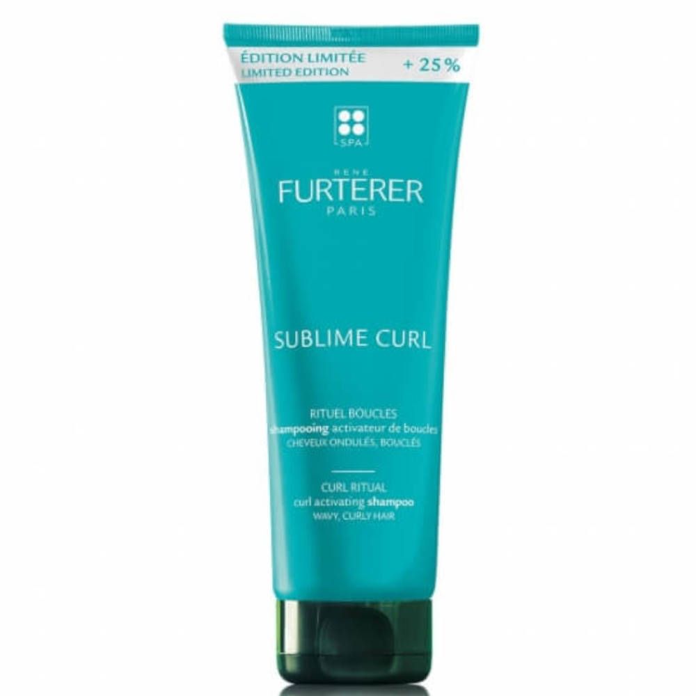 Tube turquoise avec texte. "ÉDITION LIMITÉE" et "+25%" en haut. Nom du produit "SUBLIME CURL".