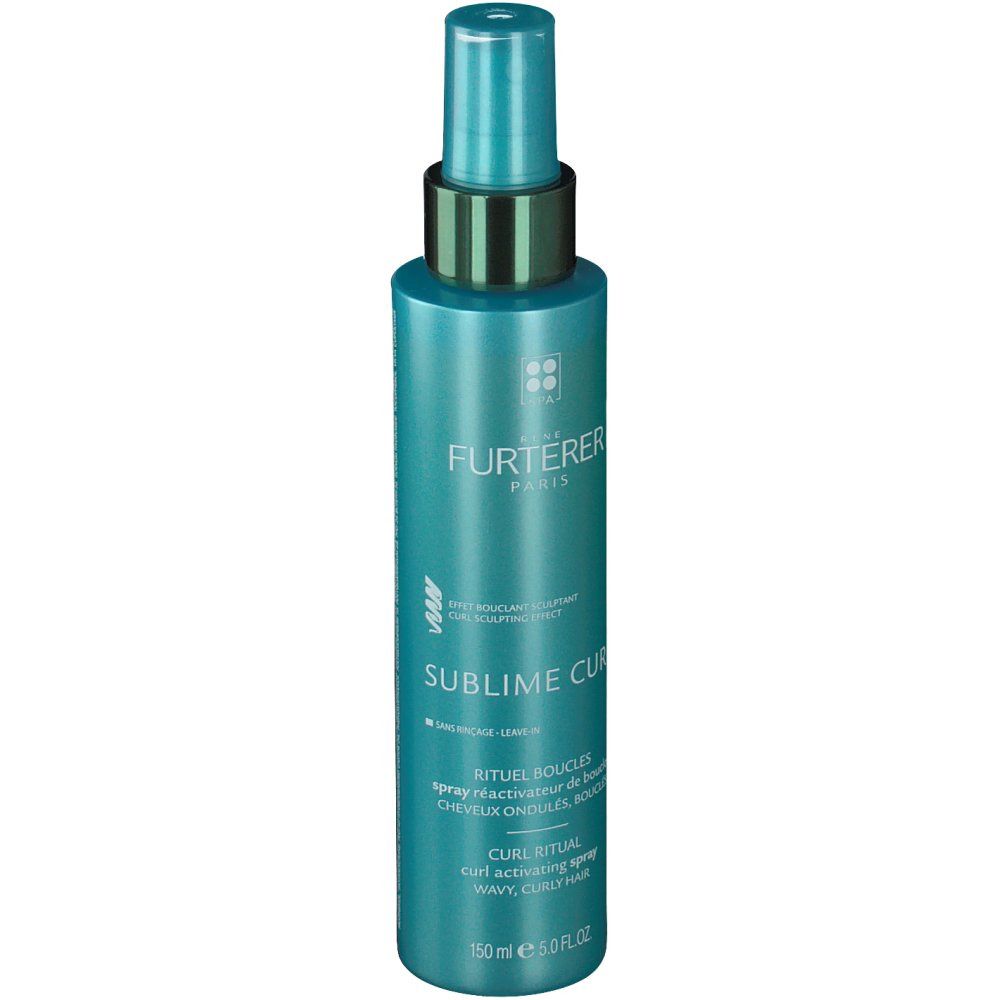 Türkisgrüne Sprühflasche mit grünem Deckel. Aufschrift: FURTERER PARIS, SUBLIME CURL, Curl Ritual. 