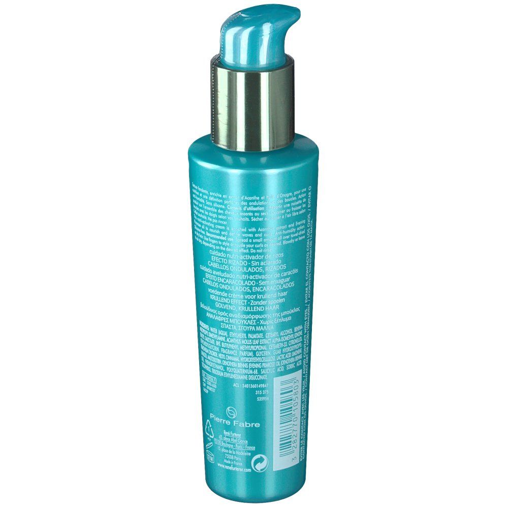 Flacon turquoise avec pompe. Texte au dos. Anneau doré sur la pompe.